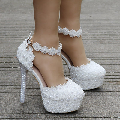 White Lace Beaded Bridal Shoes