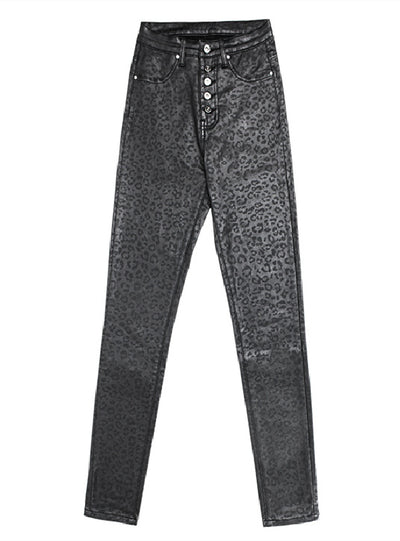 Black Leopard Print PU leather Pants