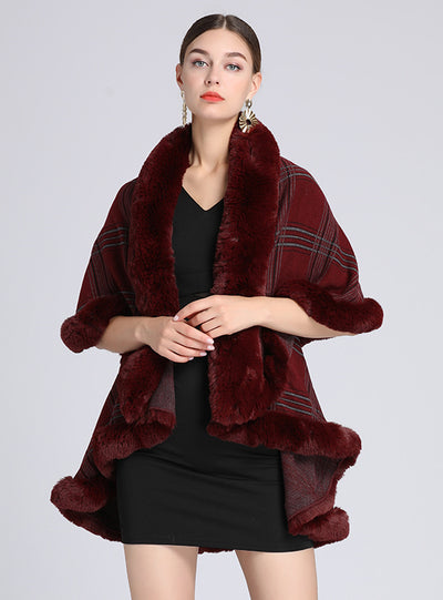 Fur Collar Plaid Shawl Cloak Large Size Knitted Coat