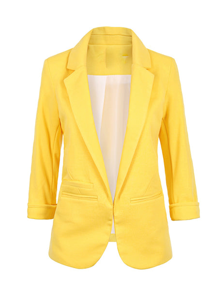 Notched Office Work Open Front Blazer Outfits 