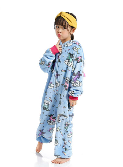 Light Blue Print Fly Unicornio Onesie Zipper Jumpsuit 