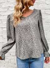 Round Neck Leopard Bubble Long Sleeve Shirt