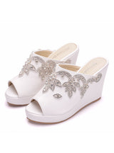 White Rhinestone Fish Mouth Wedge Slippers