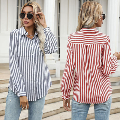 Button Cardigan Striped Lapel Shirt