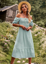 Leisure Holiday Off the Shoulder Plaid Dress