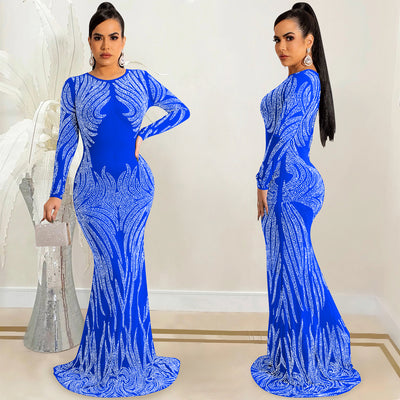 Sexy Hot Drilling Gauze Perspective Long Sleeve Dress