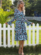 Long Leopard Print V-neck Contrast Dress