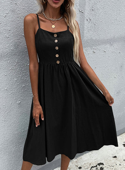 Button Sling Sleeveless A-line Dress