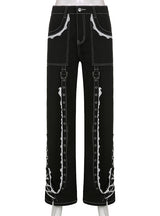 Straight Lace Stitching Ribbon Chain Jeans