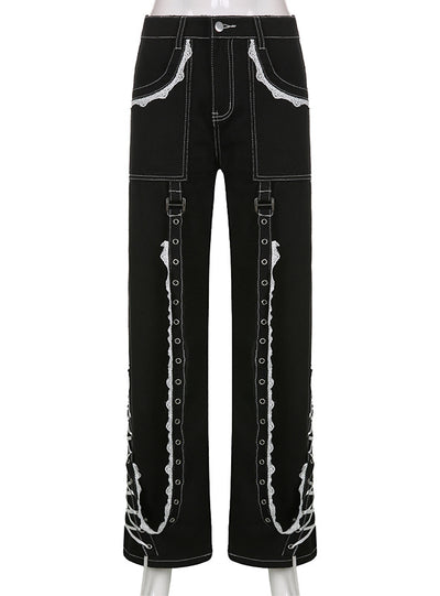 Straight Lace Stitching Ribbon Chain Jeans