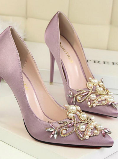 Rhinestone Crystal Shallow Fashion Faux Silk Satin Stiletto