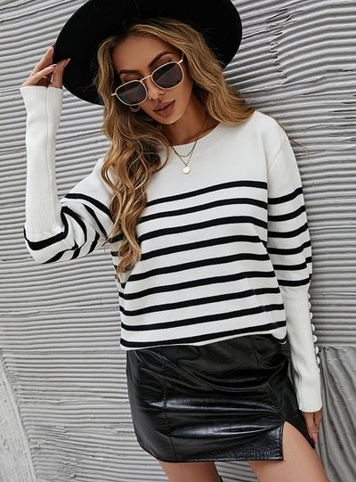 Button-threaded Cuff Striped Sweater