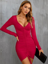 Sexy V-neck Drawstring Long Sleeve Dress