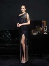 One Shoulder Sequins Beading Party Dress With Split