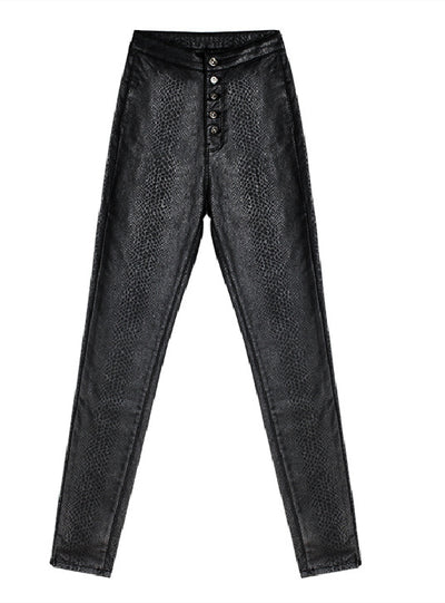 Black High Waist PU Leather Button Slim Pants