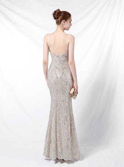 Sequined V-neck Split Fishtail Gown