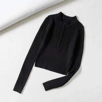 High Neck Zipper Front Knitted Sweater