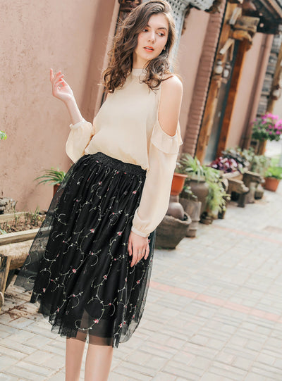 Multi-layer High Waist Embroidery Tulle Skirt