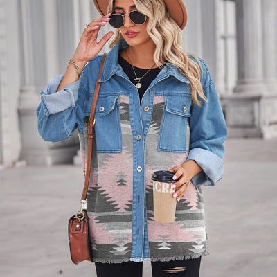 Loose Geometric Pattern Denim Splicing Jacket