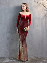 Long Sleeve Velvet Sequins Prom Dress