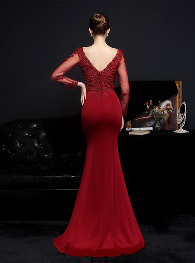 Long Sleeve V-neck Appliques Prom Dress