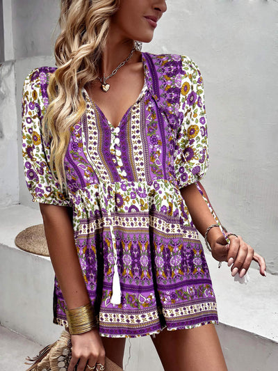 Fringed V-neck Printed Casual Shirt