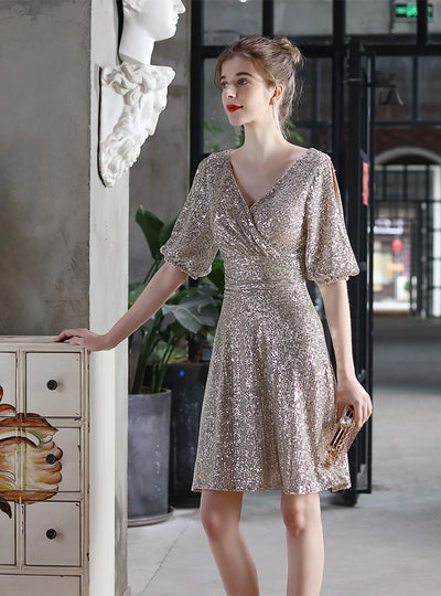 V-neck Long Sleeve Sequins Short Party Dress