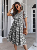 Plaid V-neck Short Sleeve Dress