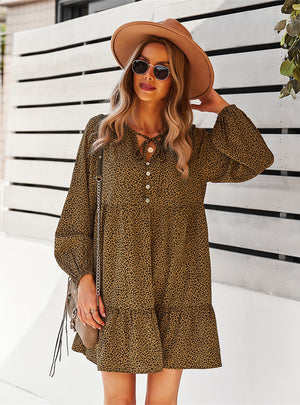 Leopard Print Long Sleeve Loose Dress