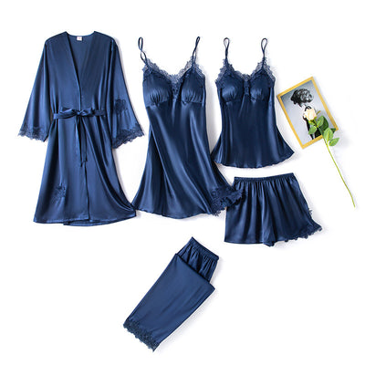 Womens Lace Satin Pajamas Gown Set V-Neck Cami Nighties