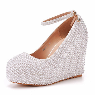 11cm Round Toe Wedge Pearl Wedding Shoes