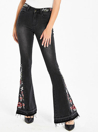 Embroidered Bell Bottoms Black Jeans