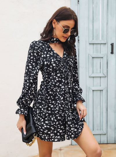 Drawstring V-neck Flared Sleeve Floral Printed Chiffon Dress