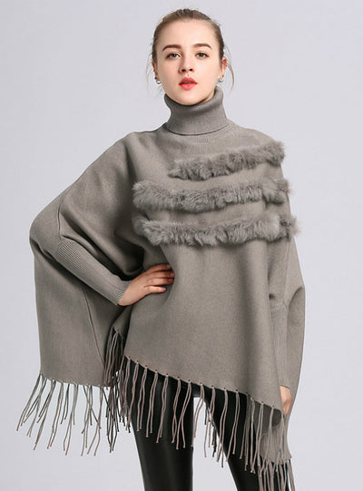 High Necked Bat Sleeve Fringed Turtleneck Cloak