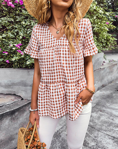 Short-sleeved Plaid Ruffled Blouse