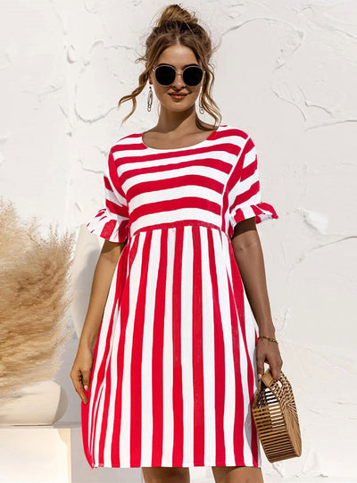 Cute Loose Striped Print Ruffles Sleeves Dresses