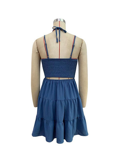 Hollow Stitching Pleated Suspenders Dress