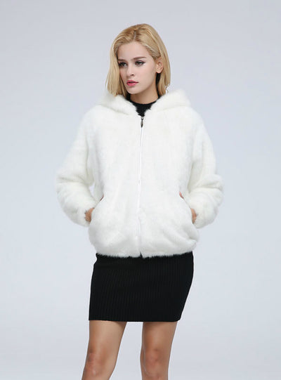 Short Zipper Mink Fur Coat With Cap Imitation Mink Fur