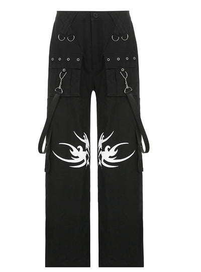 Printed Hip-hop Wide-leg Pocket Trousers Pant