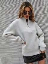 V-neck Zipper Lantern Sleeve Solid Color Sweater