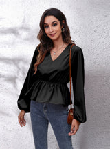 Lantern Chiffon V-neck Long-sleeved Blouse Shirt