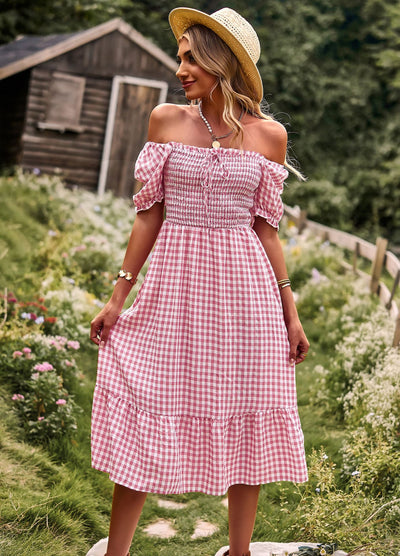 Leisure Holiday Off the Shoulder Plaid Dress