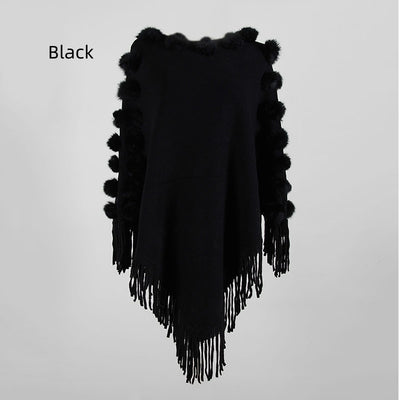 Fringed Fur Ball Round Collar Pullover Cape Shawl