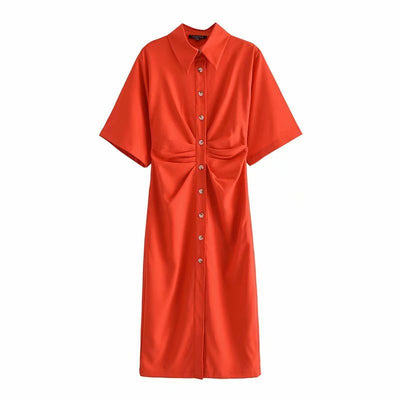 Women Chic Fashion Button-up Draped Midi Shirt Dress