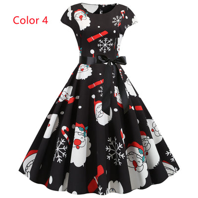 Cap Sleeve Print Christmas Party Dress