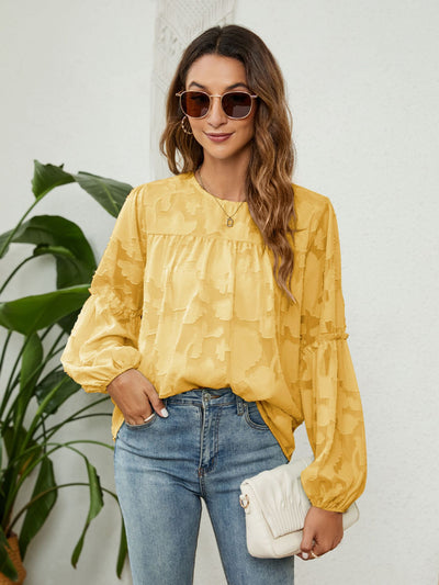 Lantern Sleeve Round Neck Pleated Shirt