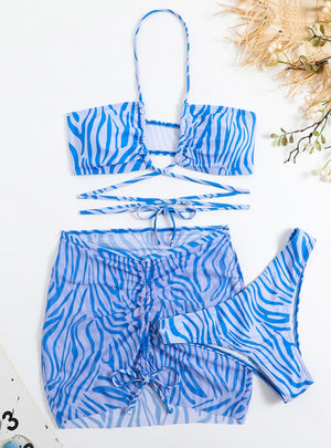 Striped Drawstring Lace-up Three-piece Swimsuit Bikini