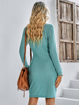 Long Sleeve Round Neck Solid Color Slim Dress