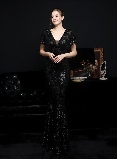 V-neck Bat Sleeve Sequins Party Dress