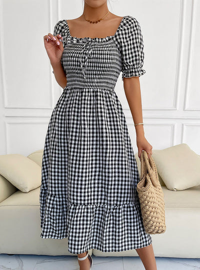 Fashion Plaid Square Collar Dress